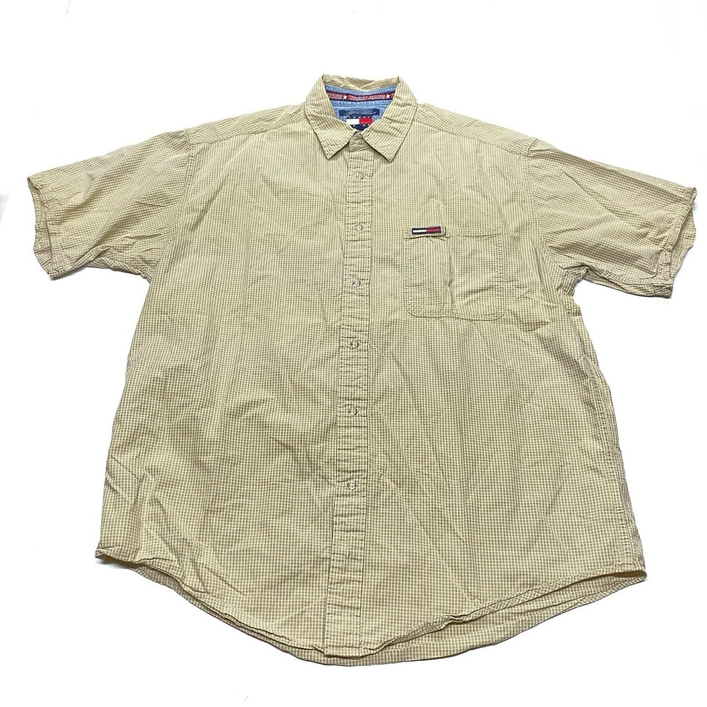 Tommy Hilfiger Jeans Shirt L Large Plaid Short Sleeve‎ Snap Front EUC Vintage
